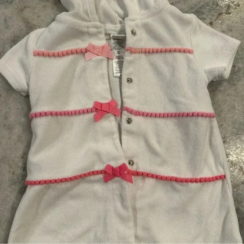 Little Me White Terry Cloth Hoodie Swim Cover Up Pink Bow Ribbon Size 6-9 Month